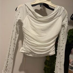 Elegant White Ruched Top with Pearl Details